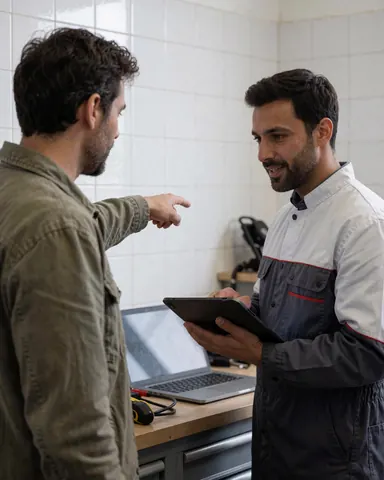 Un technicien en uniforme explique une réparation de batterie à un client à l'aide d'une tablette dans un atelier aux murs carrelés.