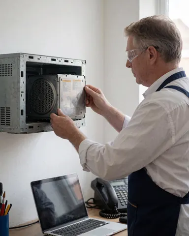 Un technicien portant des lunettes de sécurité installe un nouveau magnétron à l'intérieur d'un four à micro-ondes ouvert dans un atelier bien éclairé.