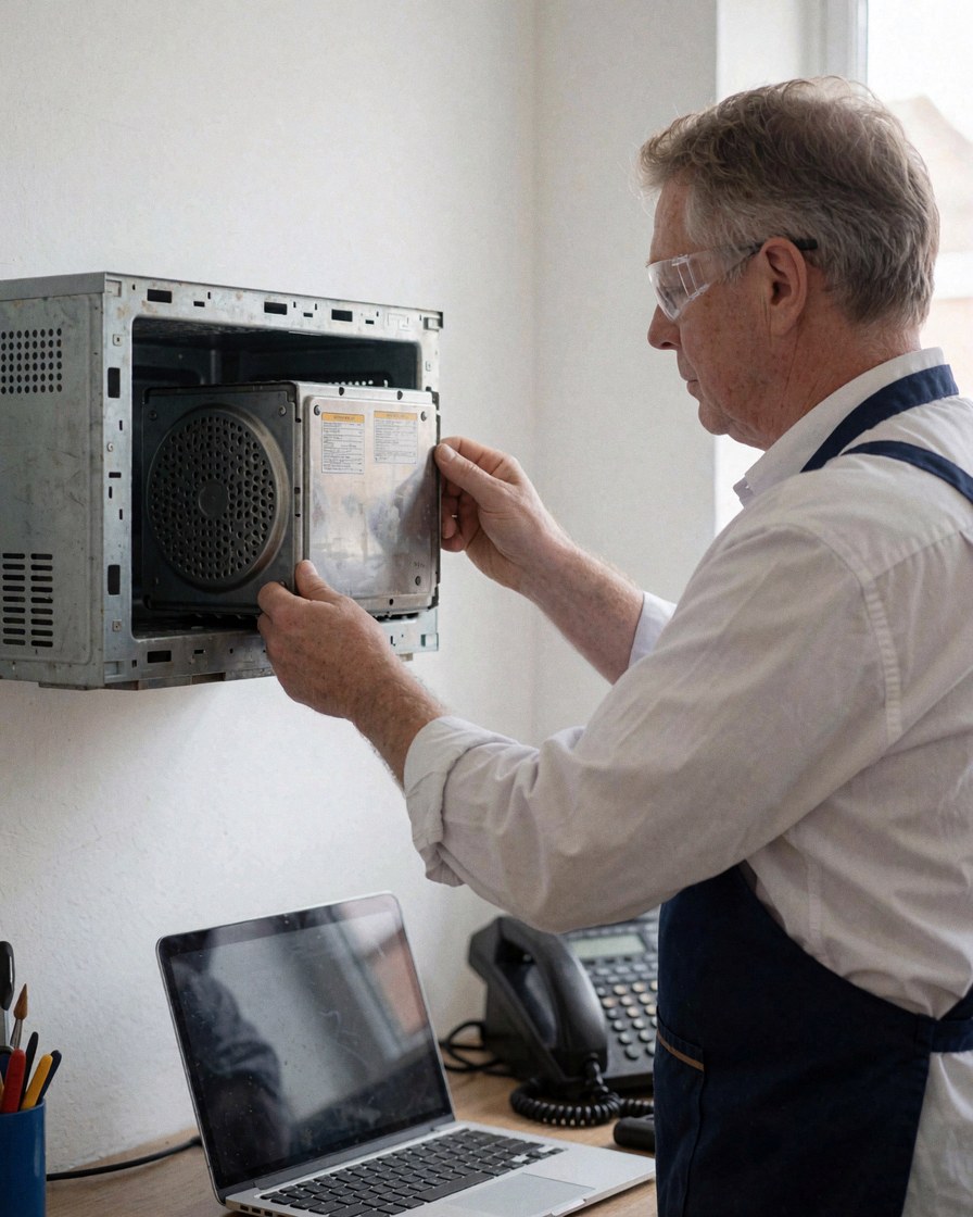 Un technicien portant des lunettes de sécurité installe un nouveau magnétron à l'intérieur d'un four à micro-ondes ouvert dans un atelier bien éclairé.