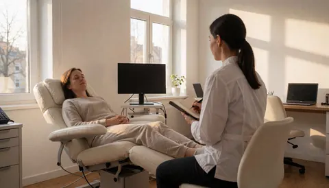 Une patiente se repose sur un fauteuil inclinable pendant qu'une thérapeute prend des notes dans un cabinet lumineux aux murs blancs.