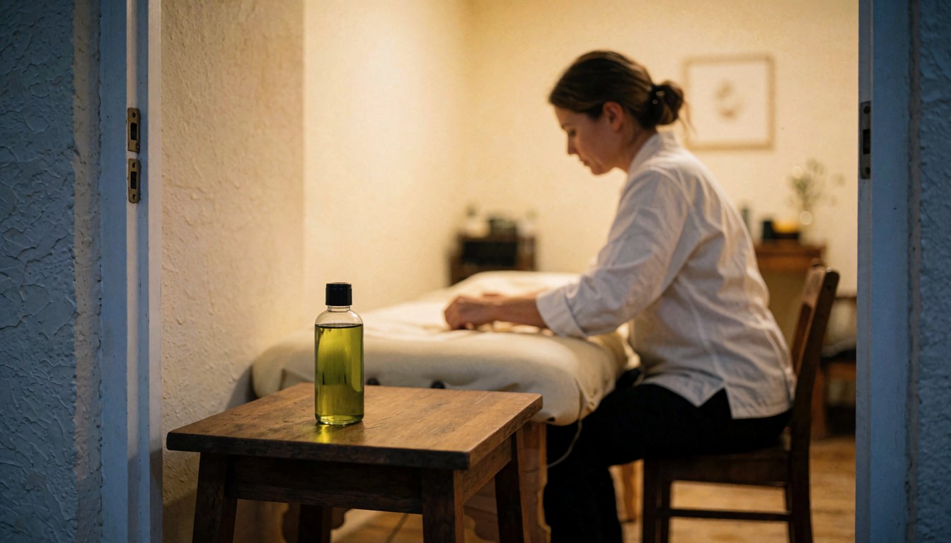 Un masseur effectue un massage dans une salle aux murs beige, avec une table de massage et une bouteille d'huile de citronnelle en premier plan.