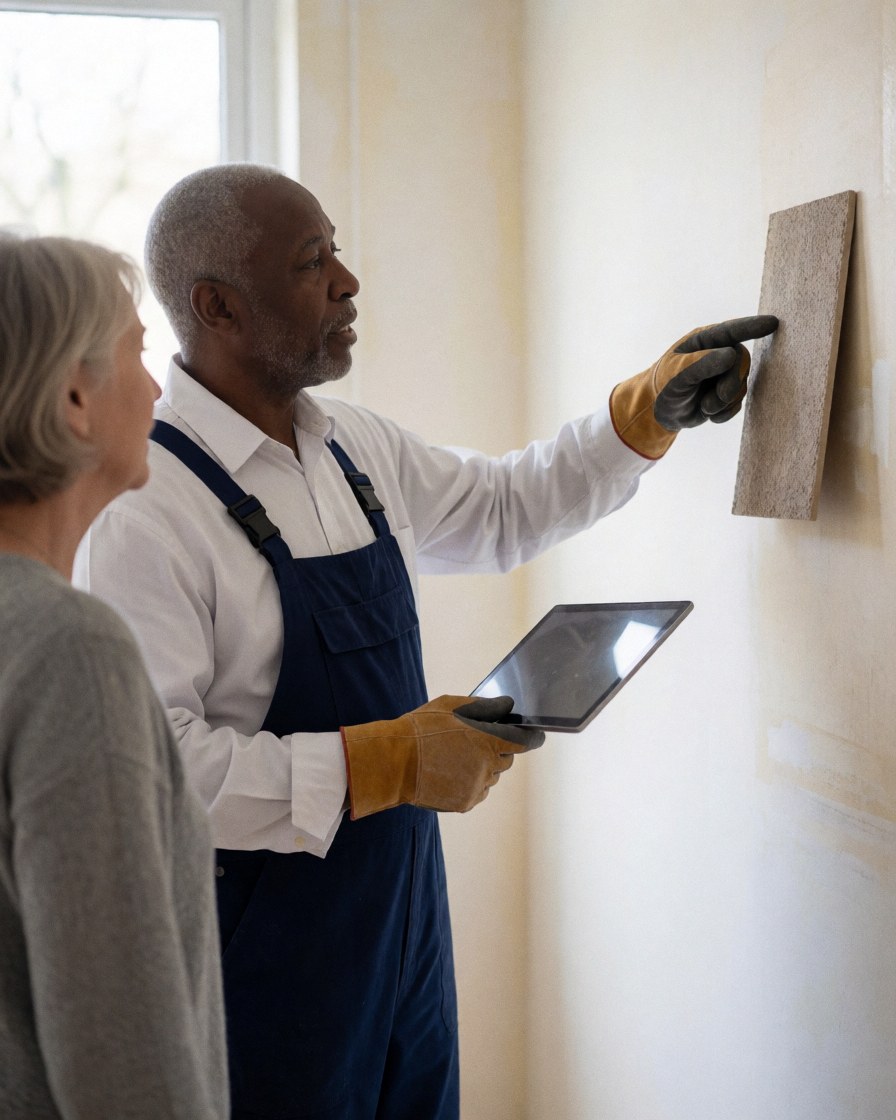 Un peintre professionnel avec des gants montre un échantillon de texture sur un mur blanc à une cliente qui observe attentivement, utilisant une tablette numérique pour planifier le projet de peinture décorative