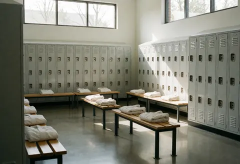 Salle de vestiaires moderne équipée de casiers gris, de bancs en bois et de serviettes blanches pliées, baignée de lumière naturelle.
