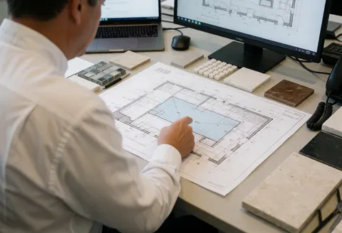 Consultant dans un bureau pointant un plan de piscine avec des échantillons de carreaux sur une table de travail
