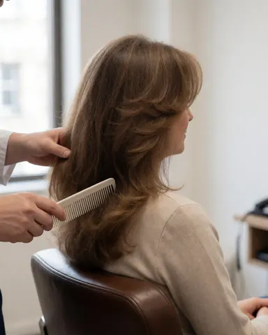 Coiffeur peignant les cheveux longs d'une cliente assise sur une chaise dans un salon professionnel éclairé par la lumière naturelle d'une fenêtre.