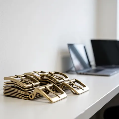 Boucles métalliques couleur bronze posées sur une table blanche avec un fond blanc et des ordinateurs portables en arrière-plan pour l'industrie des accessoires métalliques