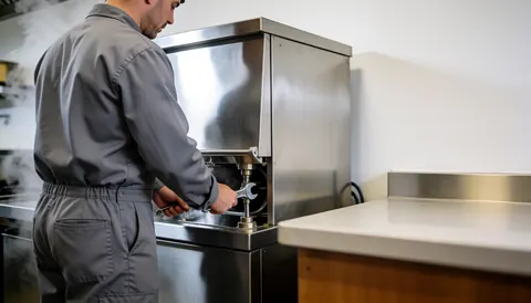 Un technicien en uniforme ajuste une vanne de vidange sur un lave-vaisselle commercial avec une clé à molette, de la vapeur en arrière-plan et un espace vide à droite.