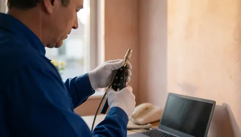 Technicien en antennes utilisant une pince pour crimper un connecteur F métallique, devant un mur terracotta, avec un ordinateur portable en arrière-plan.