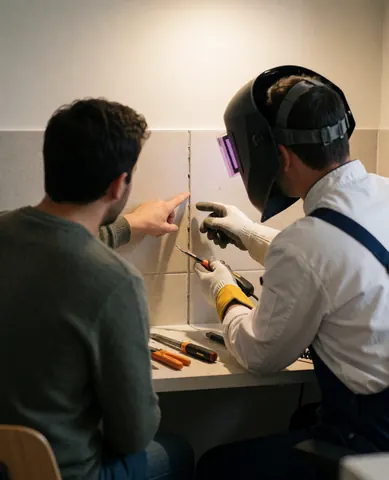 Un technicien portant un casque et un client examinent la jonction d'un sol en liège à l'aide d'outils dans un environnement de travail bien éclairé.