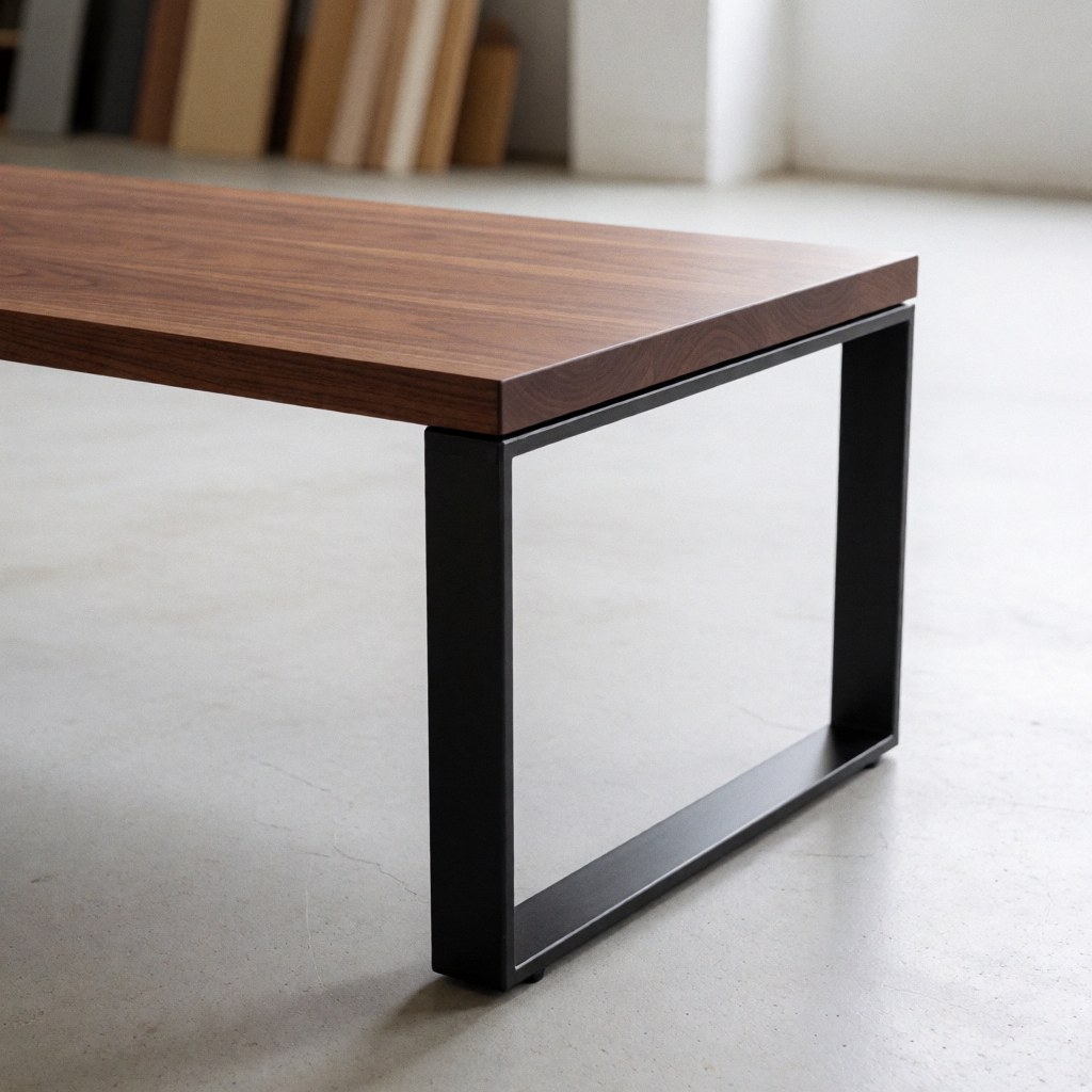 Table en bois avec pieds en acier dans un studio minimaliste au sol en béton et fond de panneaux.
