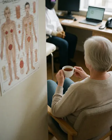 Une cliente âgée assise sur une chaise tenant une tasse de thé, face à un tableau de reflexologie affiché au mur, avec un professionnel en arrière-plan dans une pièce baignée de lumière naturelle.