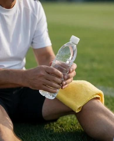 Un joueur de football se repose sur l'herbe, tenant une bouteille d'eau et une serviette jaune sur le genou, baigné par la lumière du coucher de soleil.