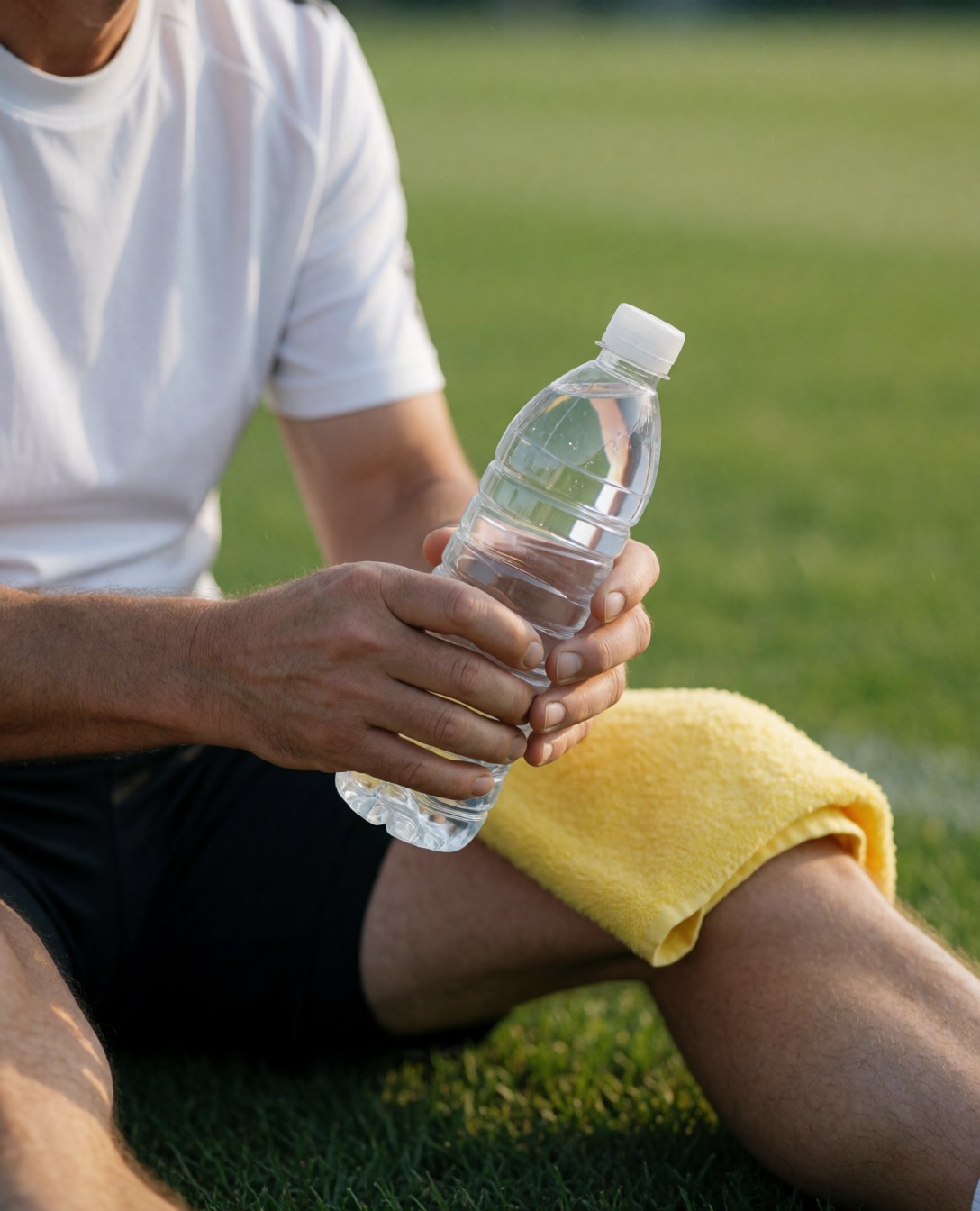 Un joueur de football se repose sur l'herbe, tenant une bouteille d'eau et une serviette jaune sur le genou, baigné par la lumière du coucher de soleil.