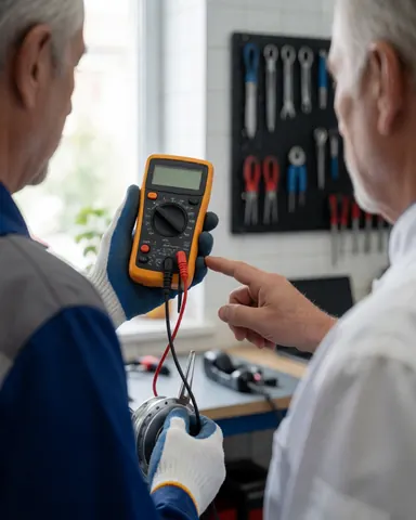 Mécanicien en gants examine un moteur avec un multimètre pendant qu'un client pointe un câble dans un atelier carrelé.