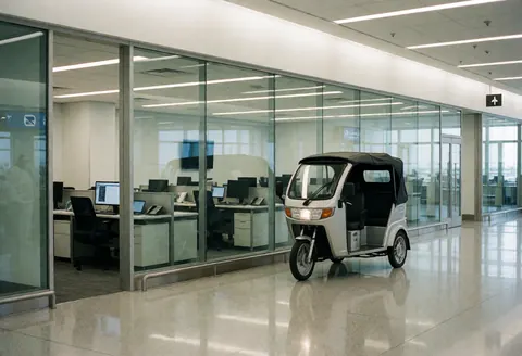 Tricycle de passagers stationné dans une zone d'arrivée d'aéroport avec des murs en verre et un sol poli, prêt à transporter les voyageurs.