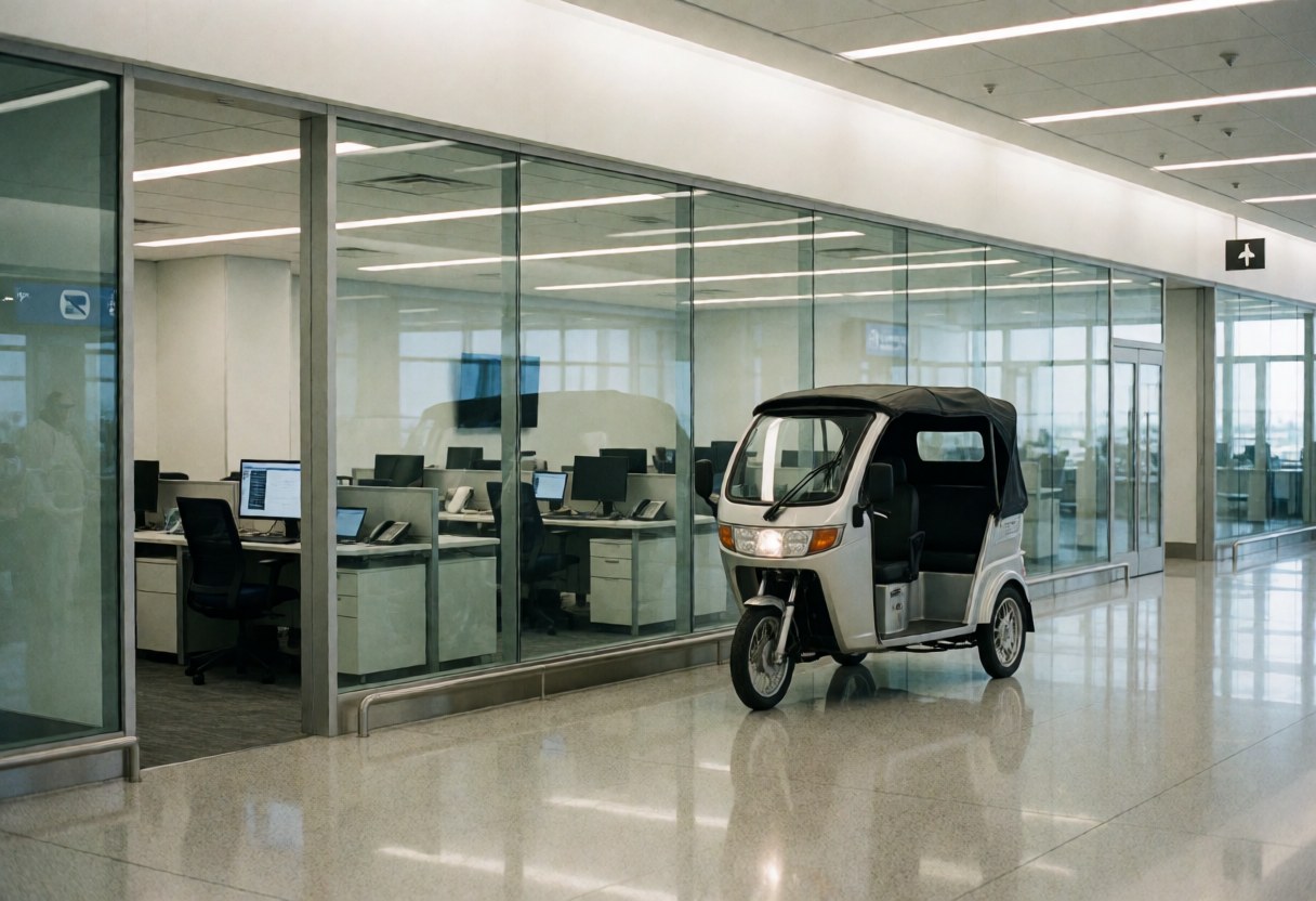 Tricycle de passagers stationné dans une zone d'arrivée d'aéroport avec des murs en verre et un sol poli, prêt à transporter les voyageurs.