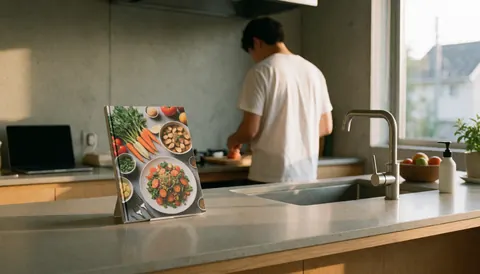 Un livre de recettes ouvert sur le comptoir d'une cuisine moderne avec mur en béton. Une personne prépare un repas en arrière-plan, baignée de lumière naturelle.