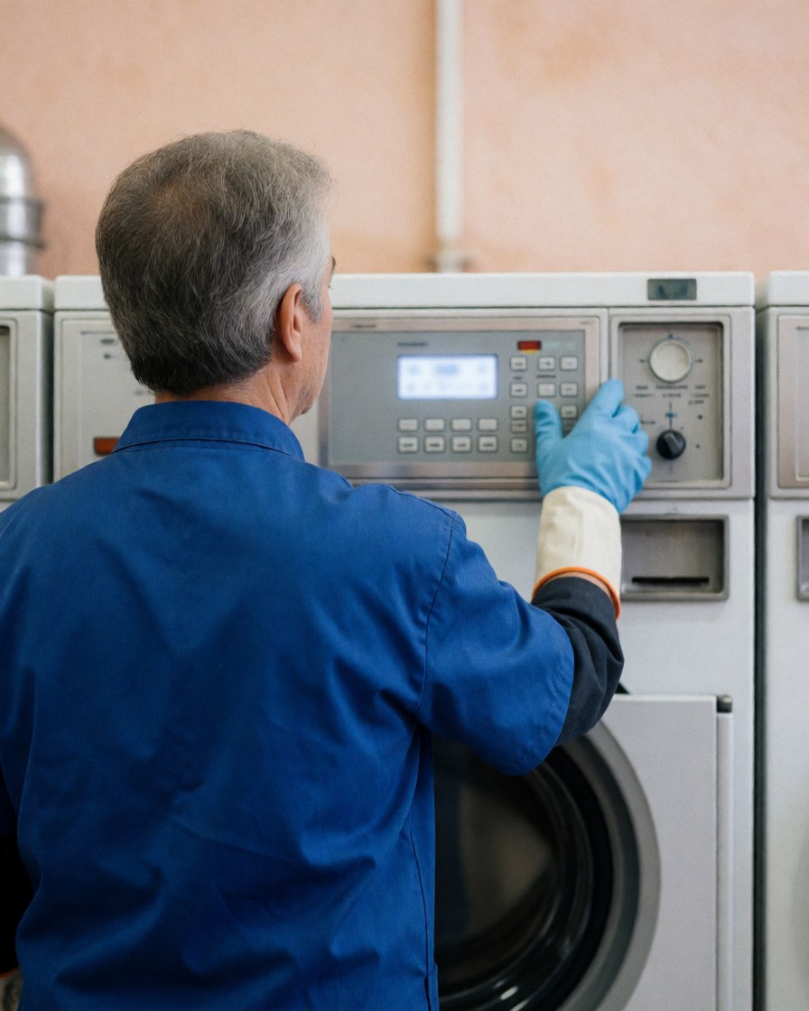 Un opérateur portant des gants bleus ajuste le panneau de commande d'une machine à laver dans une laverie industrielle aux murs clairs.