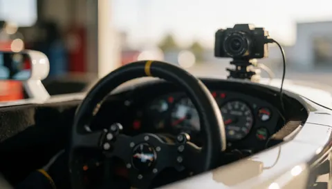 Vue intérieure d'un cockpit de compétition avec volant et tableau de bord, éclairage chaleureux, idéal pour fond de texte sur les circuits automobiles.