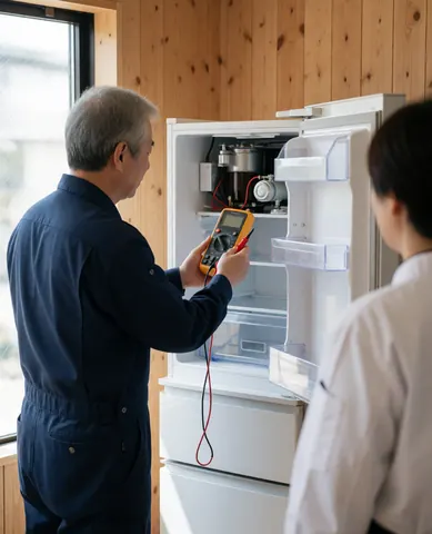 Un technicien examine un réfrigérateur ouvert à l'aide d'un multimètre pendant qu'un client observe la scène dans un intérieur aux murs en bois.
