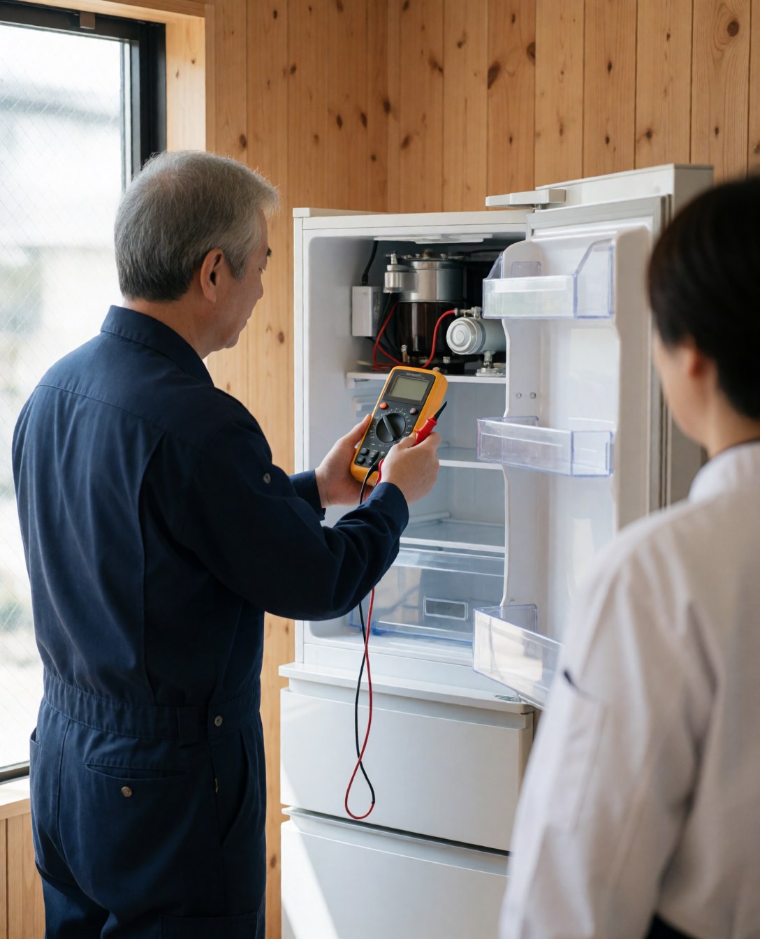 Un technicien examine un réfrigérateur ouvert à l'aide d'un multimètre pendant qu'un client observe la scène dans un intérieur aux murs en bois.