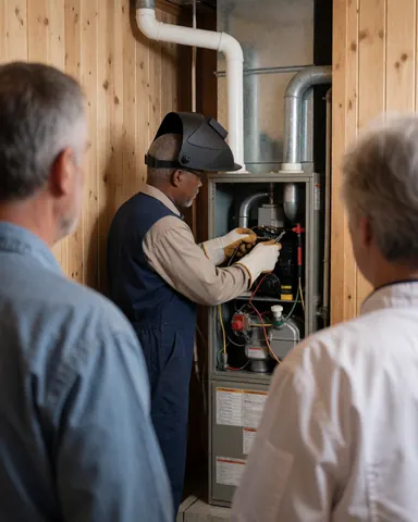 Un technicien portant un casque de soudeur intervient sur une chaudière tandis que deux clients observent la scène dans un intérieur aux murs en bois.