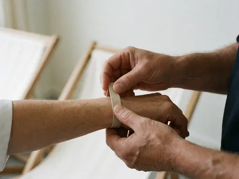 Une main adulte fixe un bracelet beige sur le poignet d'un client, avec des transats blancs en arrière-plan dans un club de plage.