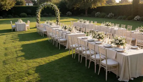 Longues tables avec nappes blanches et chaises dans un jardin avec arche florale, idéal pour la location de mobilier d'événements.