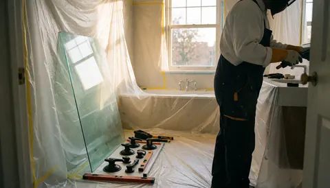 Un professionnel installe un grand panneau de verre dans une salle de bain protégée par du plastique avec des outils de nivellement.