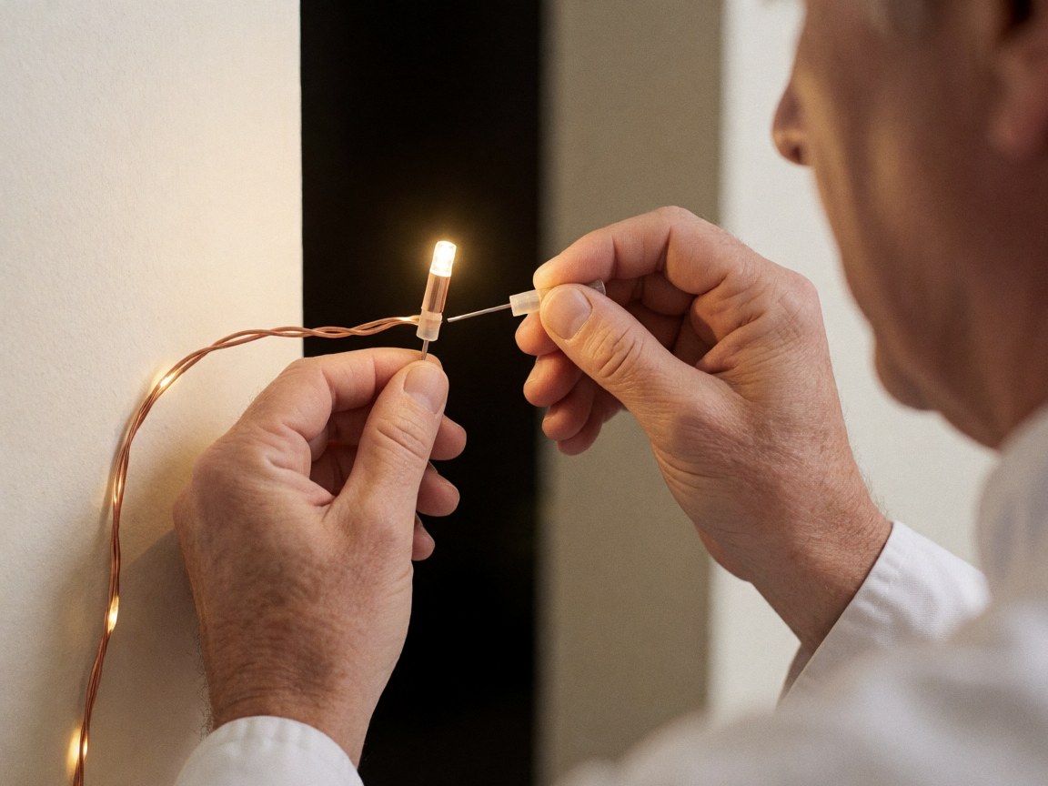 Main ajustant une ampoule LED connectée à un câble de cuivre avec isolant plastique sur mur clair pour éclairage d'événements