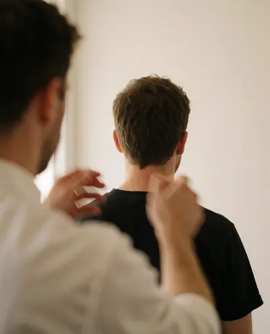 Un thérapeute masse le cou d'un client assis dans un centre de massage aux murs blancs et à l'éclairage doux.