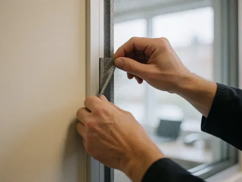 Gros plan des mains d'un installateur ajustant une maille métallique dans un encadrement blanc, sur un mur beige, détail de pose de fenêtre isolée.