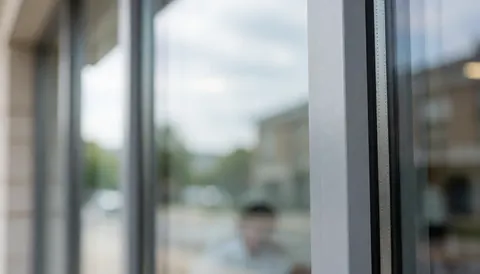 Cadre de fenêtre en aluminium gris mat avec reflets du ciel, fond flou idéal pour textes commerciaux.