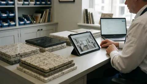 Un installateur de cuisines consulte un design sur une tablette, entouré d'échantillons de granit et de marbre sur une table dans un showroom lumineux.