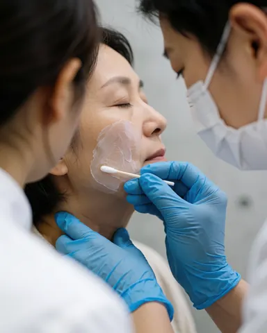Un professionnel portant des gants bleus applique une crème sur le visage d'une patiente allongée dans un cabinet médical.