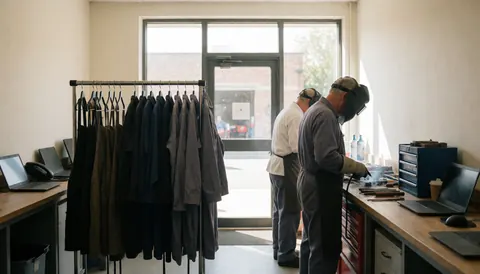 Deux mécaniciens en uniforme réparent des vélos dans un atelier. Des outils et une tablette sont posés sur une table près d'une fenêtre laissant entrer la lumière naturelle.