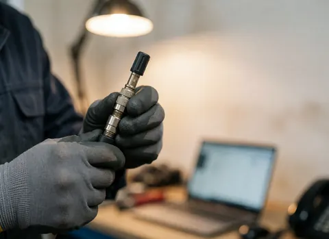 Gros plan d'une main portant un gant de travail tenant une valve de pneu dans un atelier avec un éclairage professionnel et un mur en plâtre.