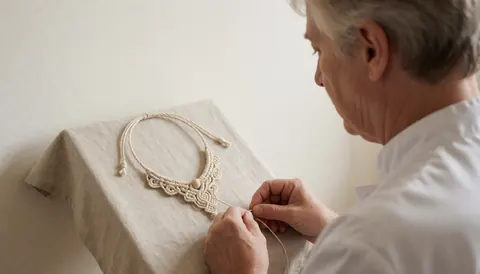 Une chaîne en macramé de coton avec perle en bois est travaillée par des mains expertes sur un métier à tisser en lin dans un atelier d'artisanat.