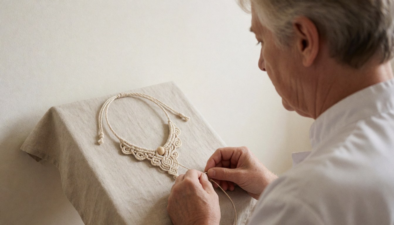 Une chaîne en macramé de coton avec perle en bois est travaillée par des mains expertes sur un métier à tisser en lin dans un atelier d'artisanat.