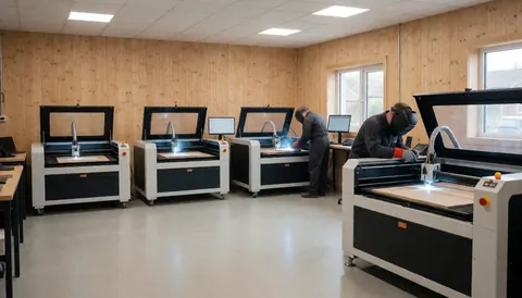 Deux opérateurs utilisent des machines de découpe laser dans un atelier aux murs en bois et au sol poli, éclairé par des luminaires au plafond.