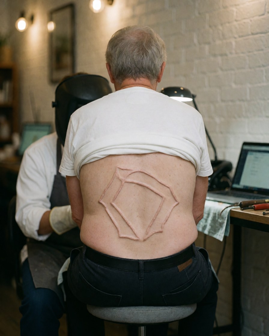 Une cliente souriante exhibe un tatouage géométrique sur le dos dans un studio de tatouage avec un mur en briques blanches.