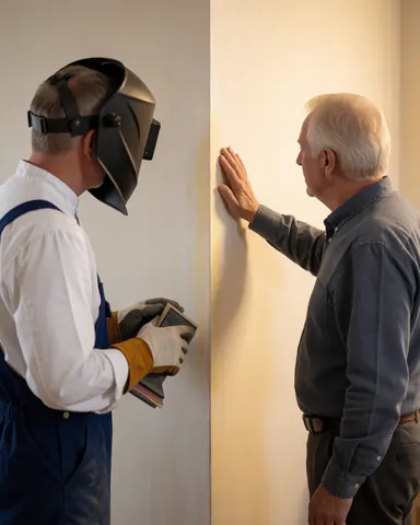 Une cliente examine au toucher un mur réparé et lissé. Un ouvrier avec du papier de verre se tient à proximité dans un intérieur éclairé par une lumière chaleureuse.