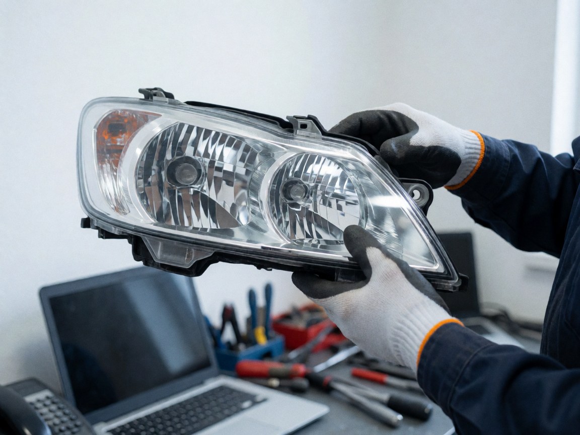 Des mains portant des gants de travail tiennent un phare d'automobile dans un atelier, avec des outils et un mur blanc en arrière-plan pour le recyclage de véhicules.
