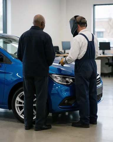 Un ouvrier portant un casque de soudage et un client observent une voiture bleue restaurée dans un atelier au sol poli et à l'éclairage vif.