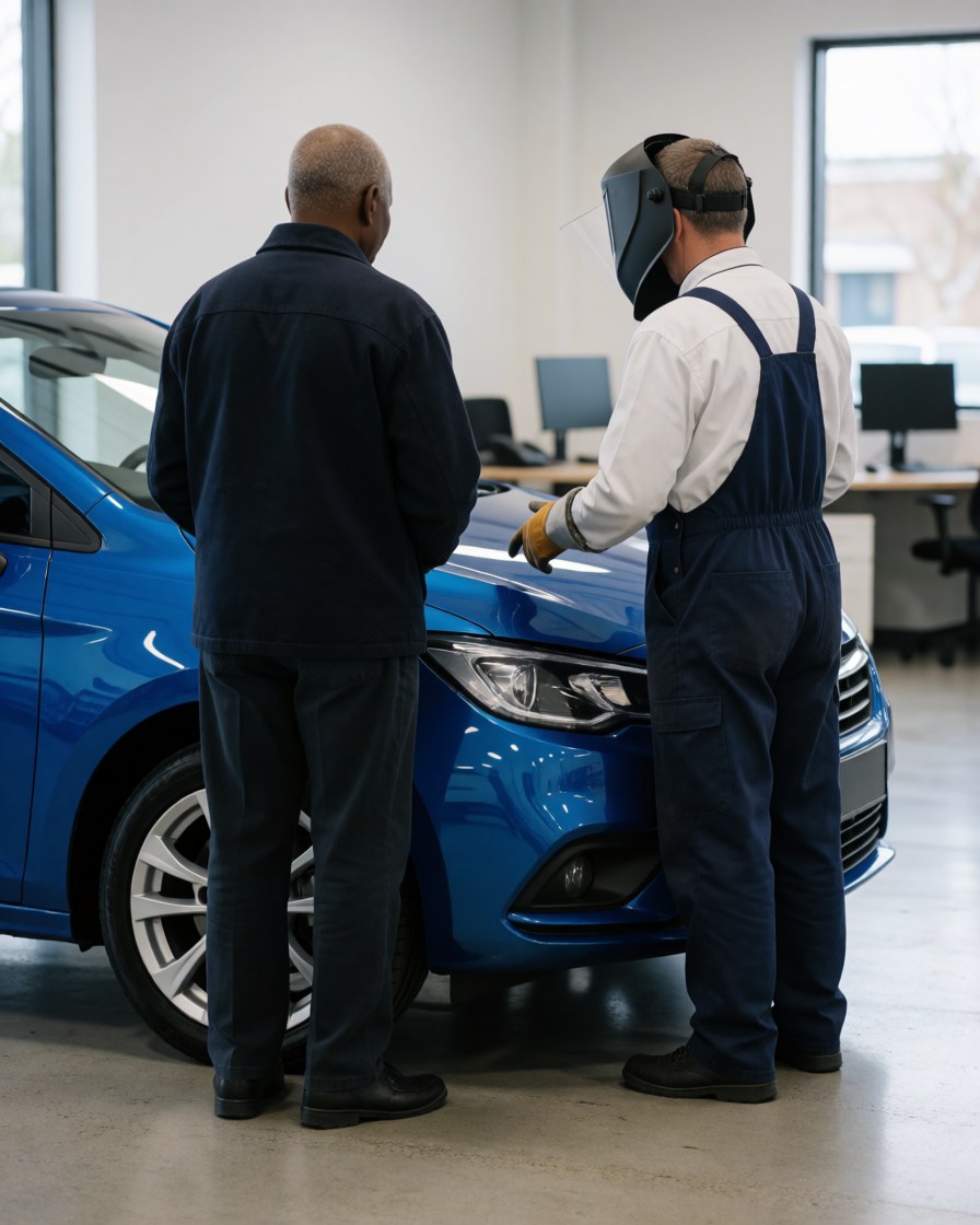 Un ouvrier portant un casque de soudage et un client observent une voiture bleue restaurée dans un atelier au sol poli et à l'éclairage vif.
