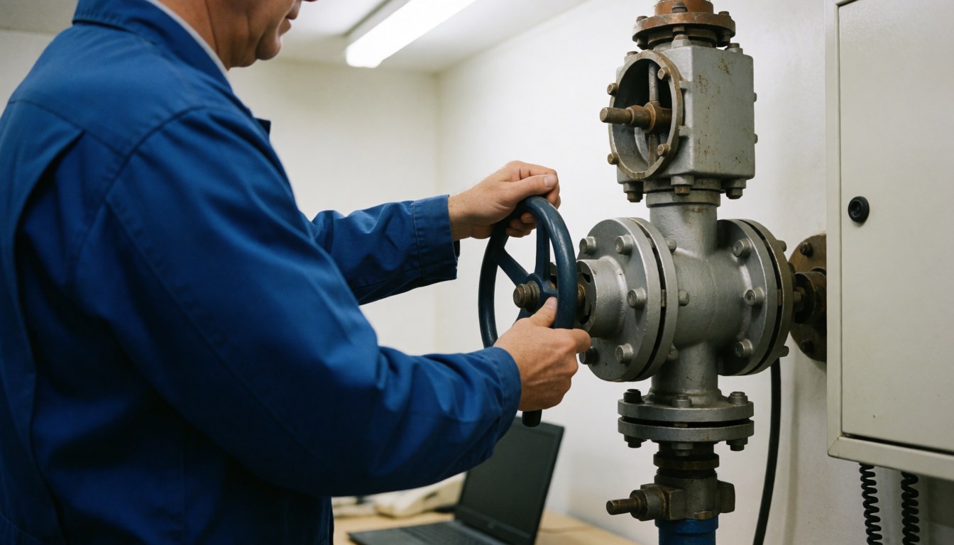 Un technicien en uniforme bleu ajuste une vanne de gaz industriel dans un atelier aux murs blancs éclairé par une lumière fluorescente.