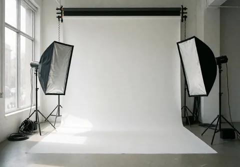 Studio photo vide avec fond blanc, deux softboxes et lumière naturelle par fenêtre, idéal pour portraits professionnels.