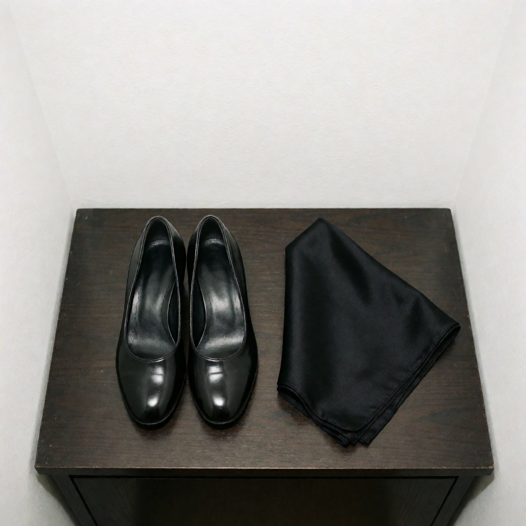 Paire de chaussures de danse de tango noires et un mouchoir en soie posés sur une table en bois sombre, évoquant l'univers du tango professionnel.
