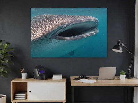 Mural de requin baleine sur mur sombre, bureau avec ordinateur portable et lampe, décoration bois et plantes, ambiance professionnelle.