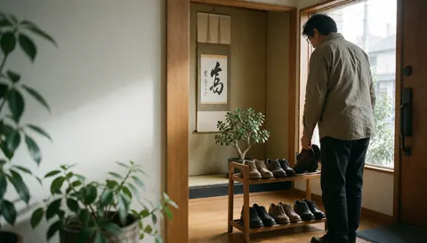 Une cliente enlève ses chaussures à l'entrée d'un espace de shiatsu, avec un tokonoma, une plante et une étagère en bois.